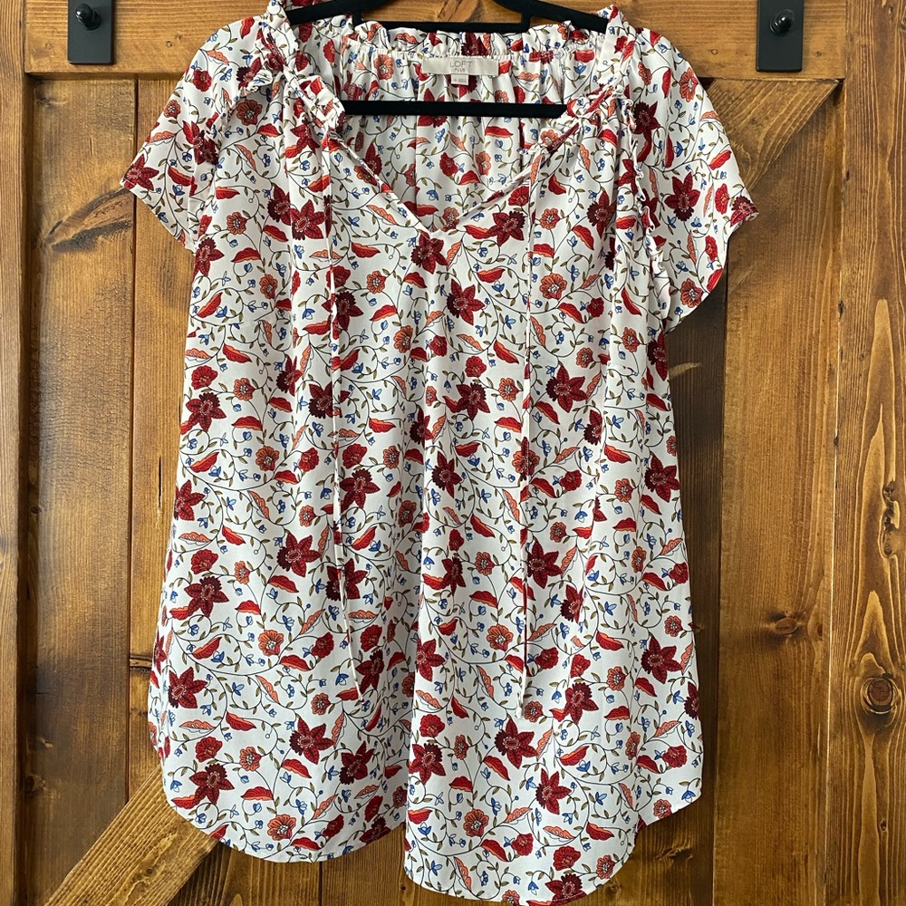 Loft white with red floral blouse.